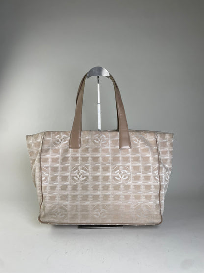 Vintage Chanel Canvas Tote Bag Cream Beige Gold-Tone c. 2000