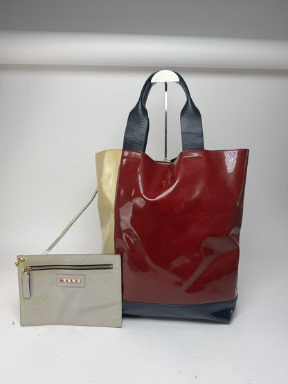 Vintage Marni Patent Leather Tote Bag Burgundy Beige Black