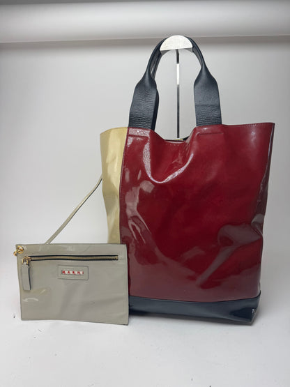 Vintage Marni Patent Leather Tote Bag Burgundy Beige Black
