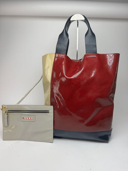 Vintage Marni Patent Leather Tote Bag Burgundy Beige Black