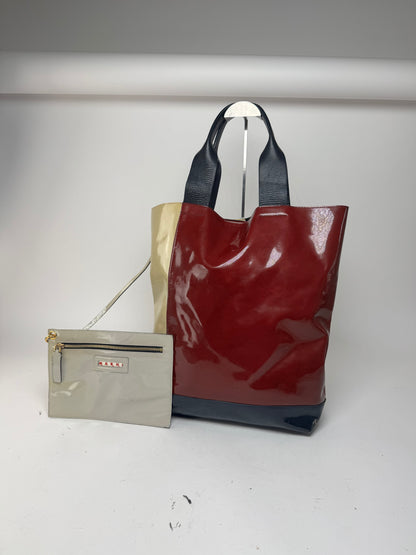 Vintage Marni Patent Leather Tote Bag Burgundy Beige Black