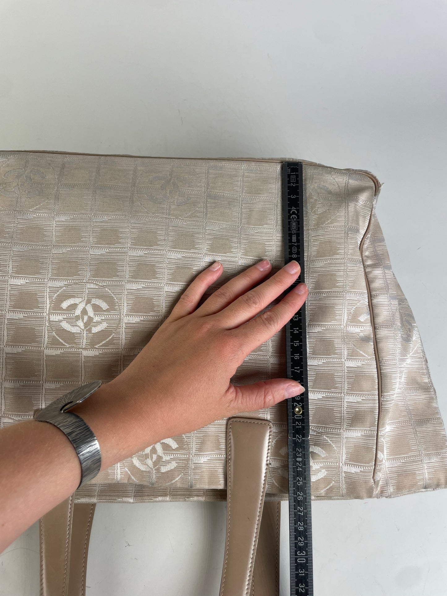 Vintage Chanel Canvas Tote Bag Cream Beige Gold-Tone c. 2000