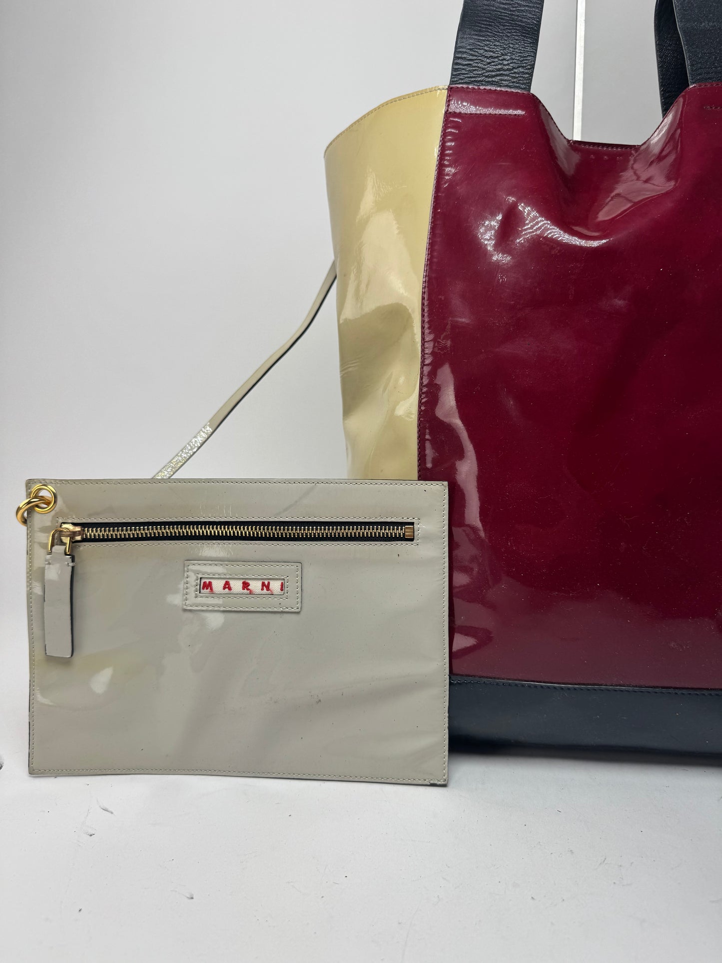 Vintage Marni Patent Leather Tote Bag Burgundy Beige Black