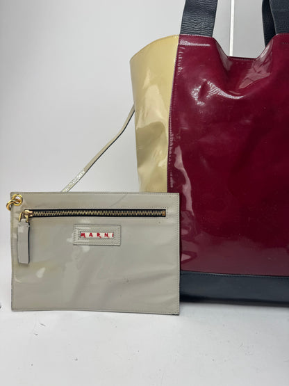 Vintage Marni Patent Leather Tote Bag Burgundy Beige Black