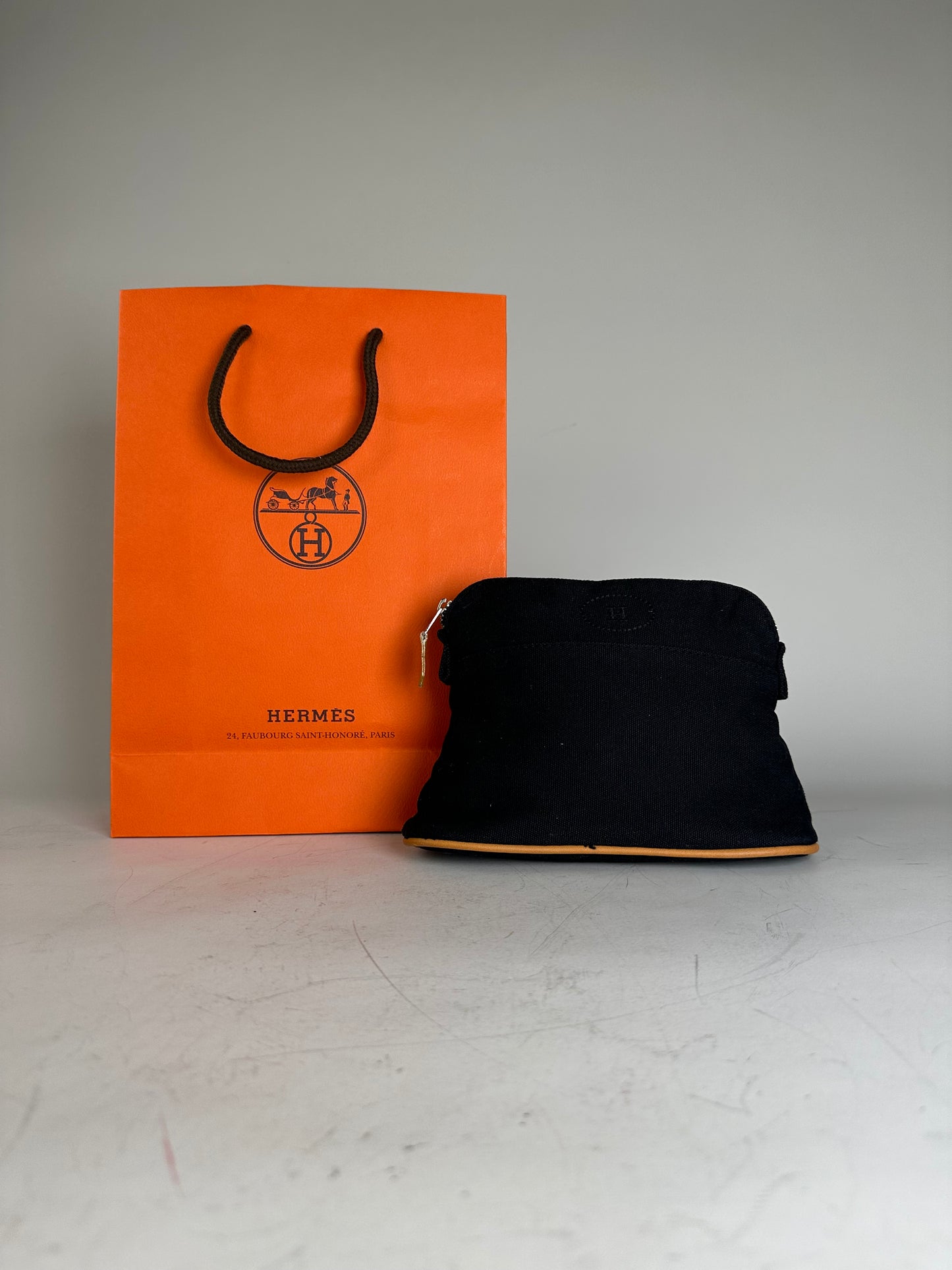 Vintage Hermes Canvas Pouch Black Orange Silver