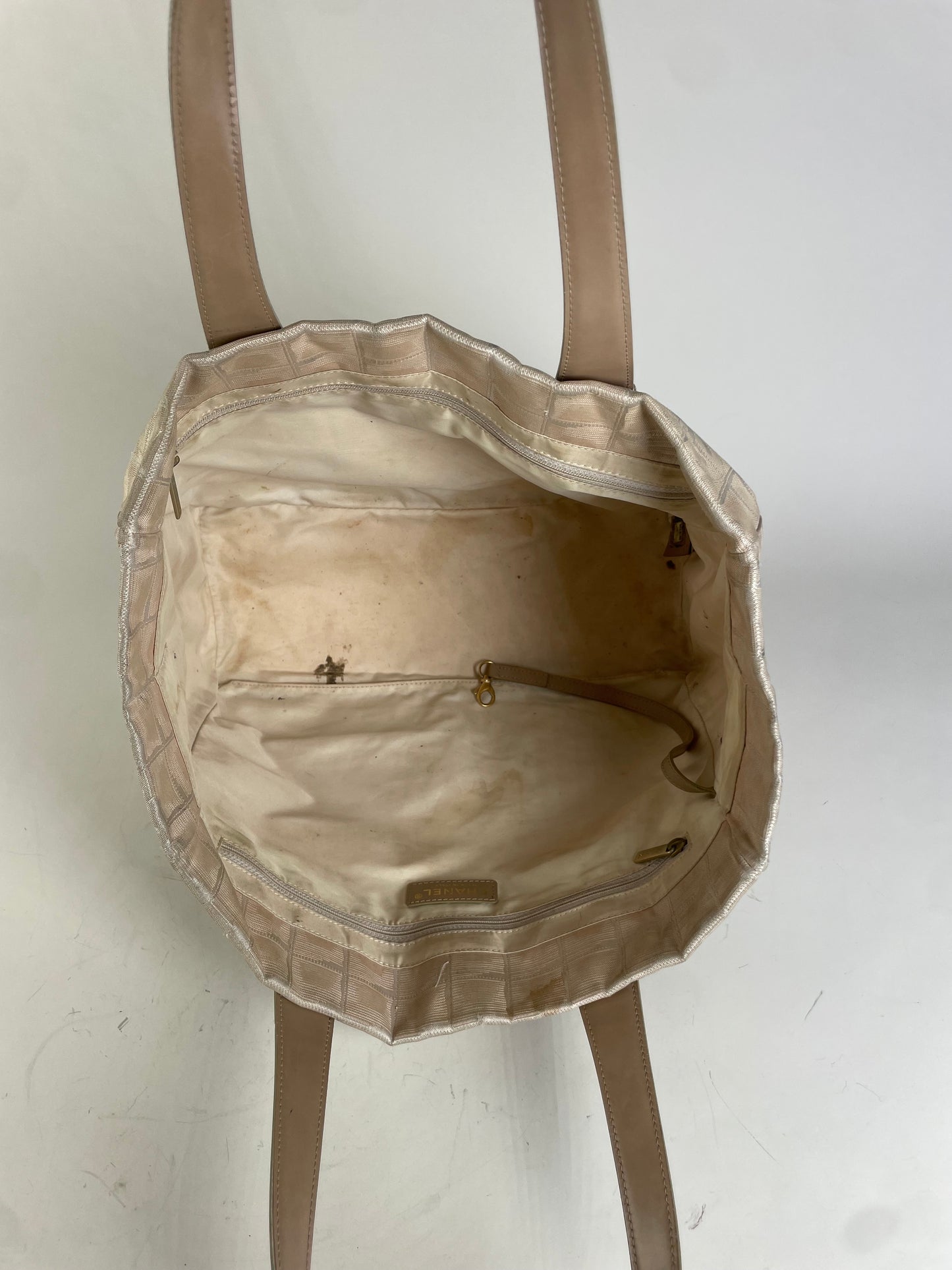Vintage Chanel Canvas Tote Bag Cream Beige Gold-Tone c. 2000
