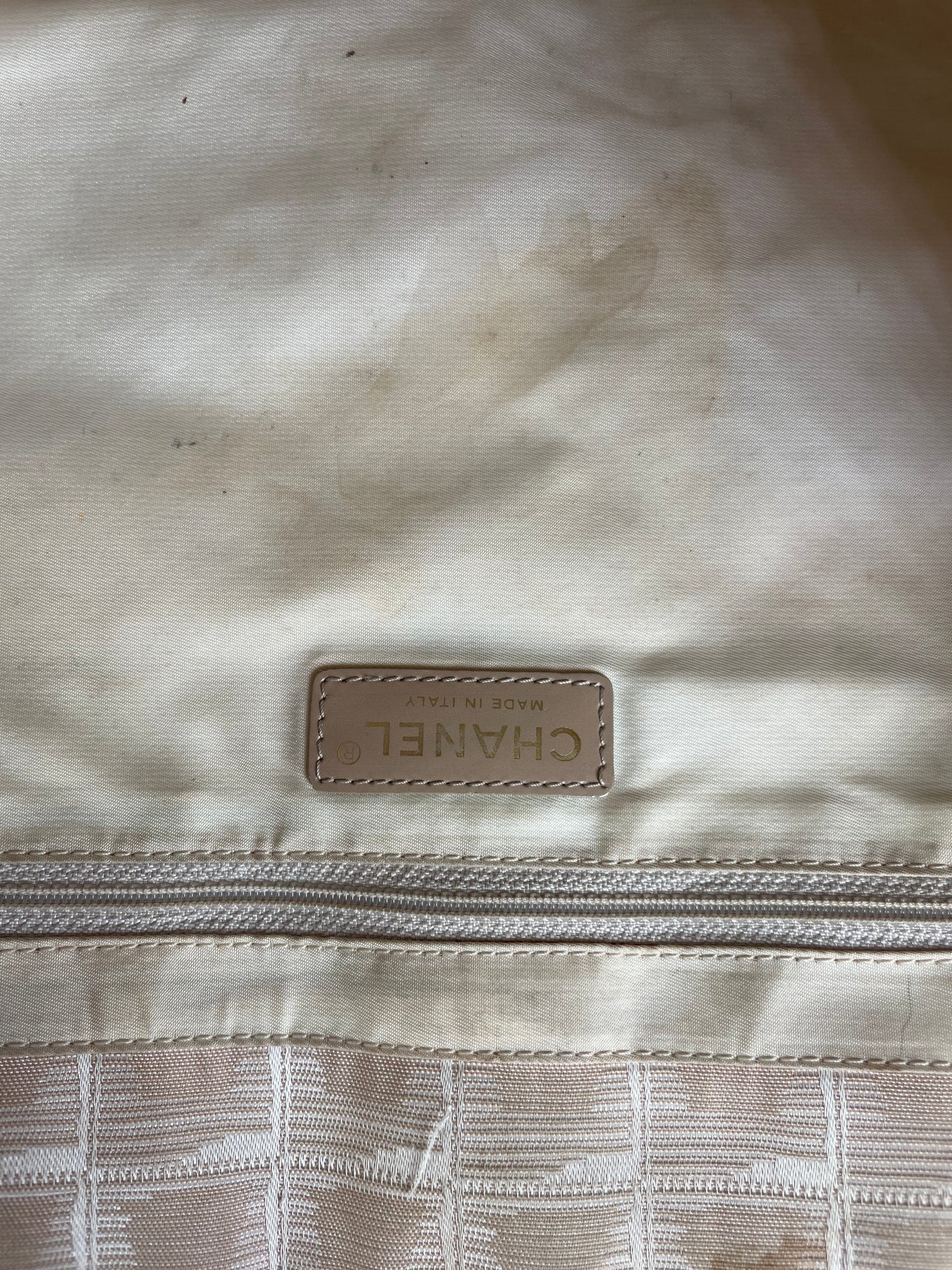 Vintage Chanel Canvas Tote Bag Cream Beige Gold-Tone c. 2000