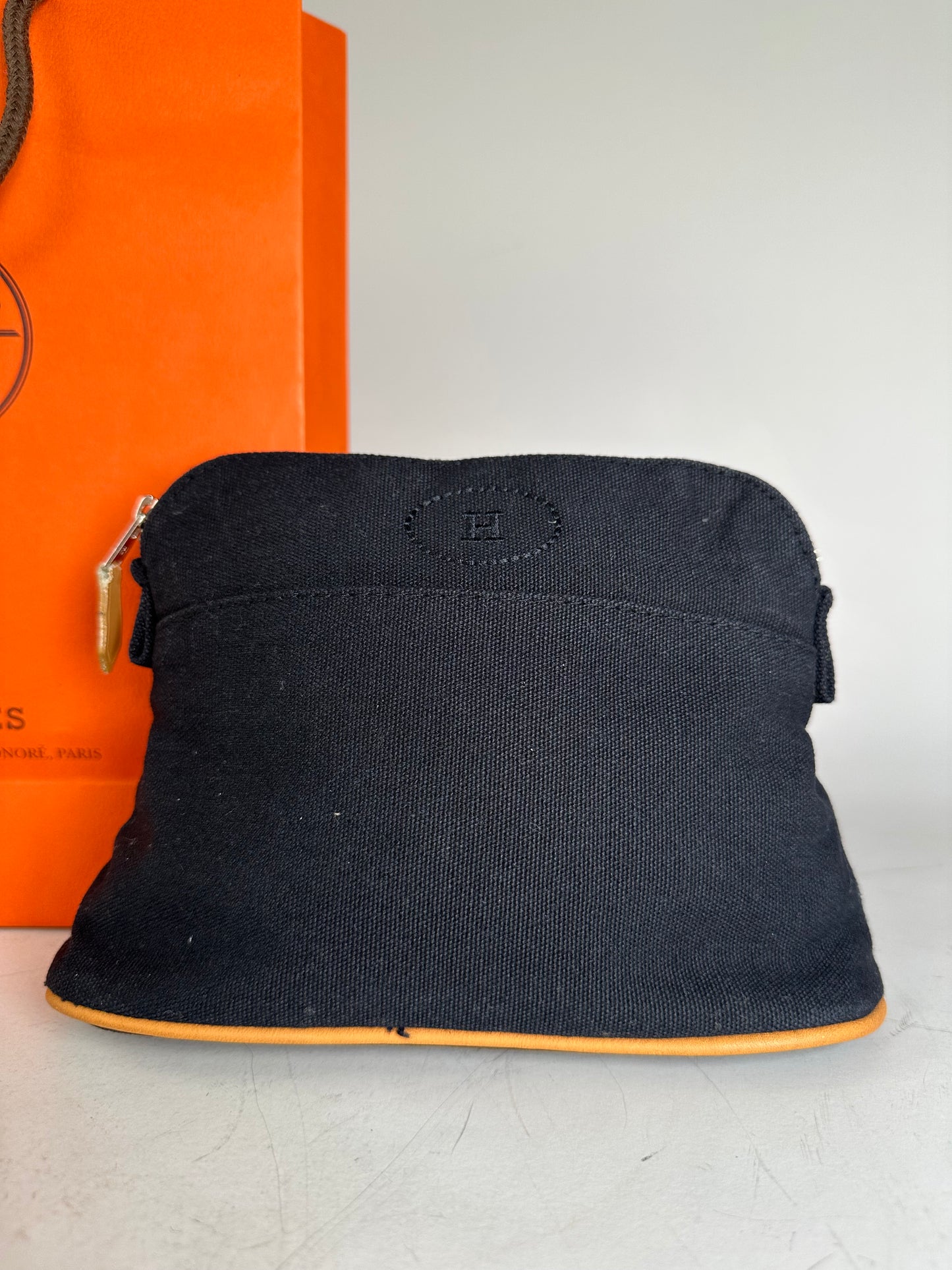 Vintage Hermes Canvas Pouch Black Orange Silver