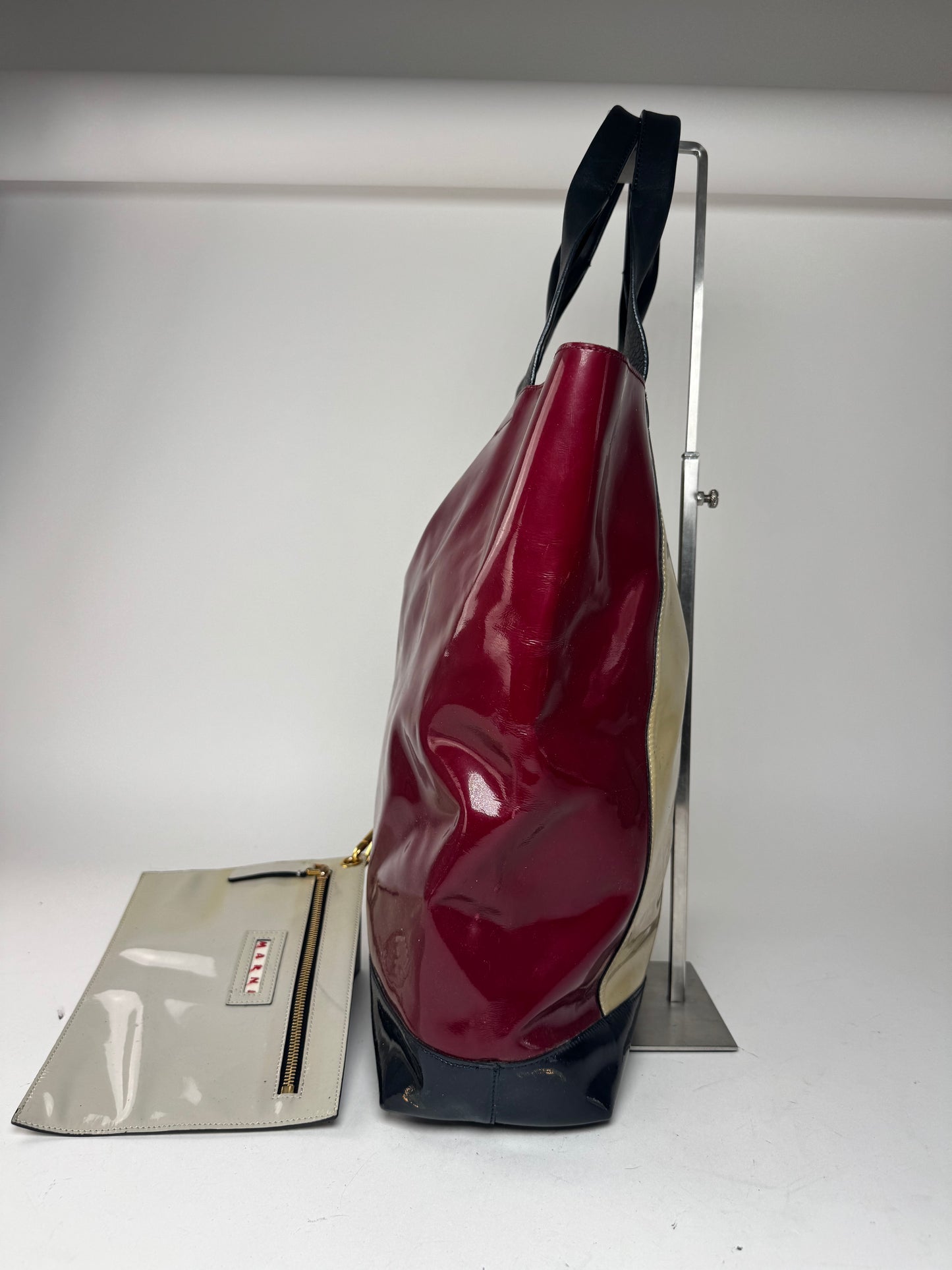 Vintage Marni Patent Leather Tote Bag Burgundy Beige Black