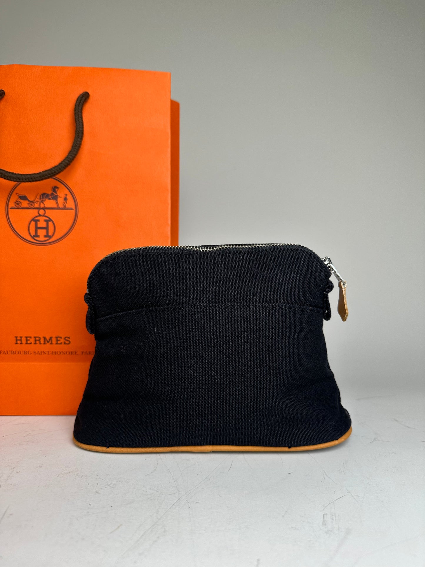 Vintage Hermes Canvas Pouch Black Orange Silver