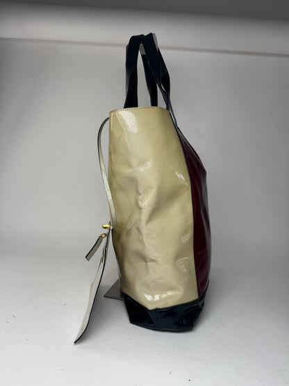 Vintage Marni Patent Leather Tote Bag Burgundy Beige Black