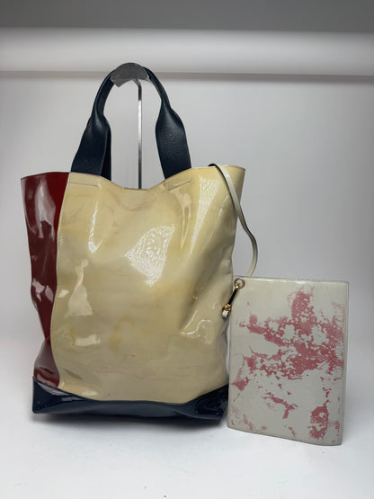 Vintage Marni Patent Leather Tote Bag Burgundy Beige Black