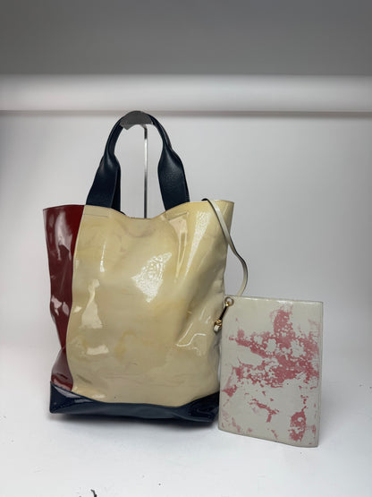 Vintage Marni Patent Leather Tote Bag Burgundy Beige Black