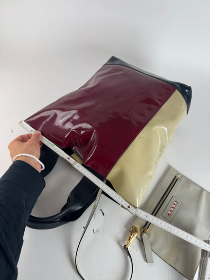 Vintage Marni Patent Leather Tote Bag Burgundy Beige Black