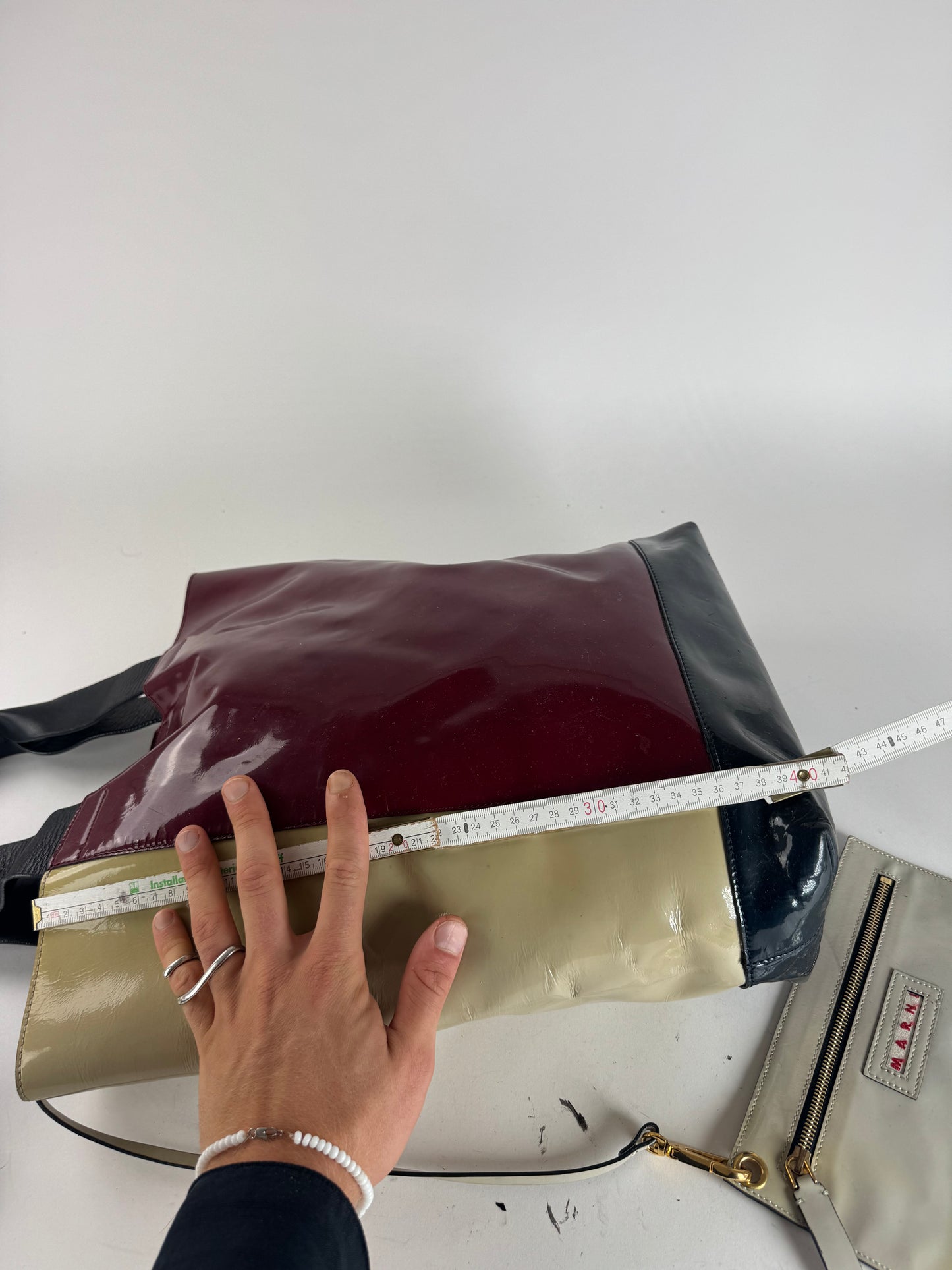 Vintage Marni Patent Leather Tote Bag Burgundy Beige Black