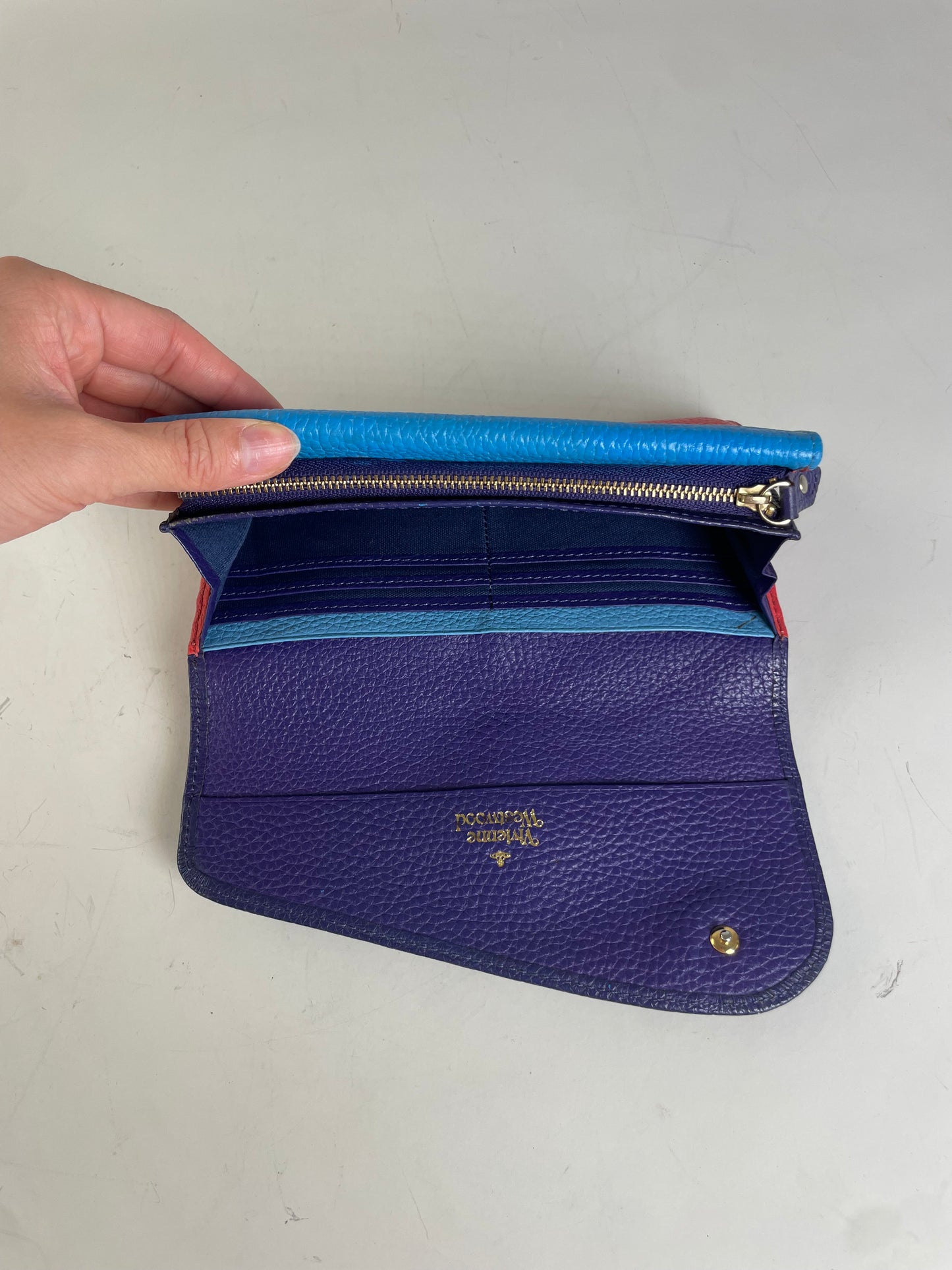Vintage Vivienne Westwood Pebbled Leather Wallet Navy Sky Blue Red