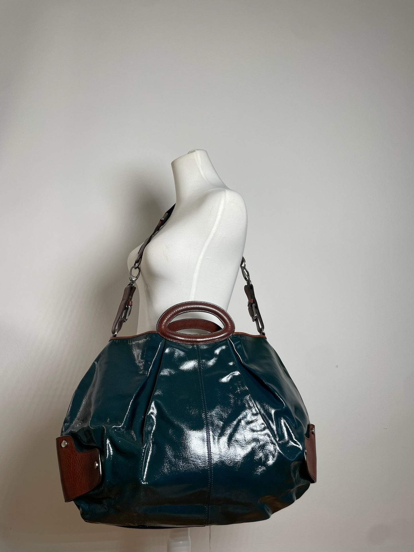 Vintage Marni Patent Leather & Leather 2Way Handbag Green Brown