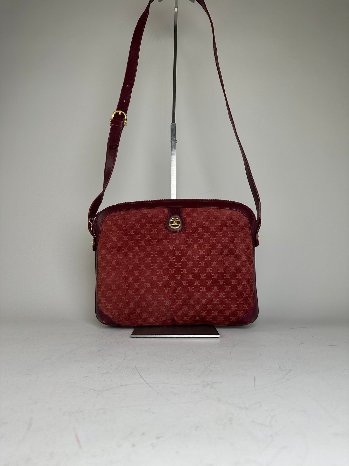 Vintage Celine Coated Canvas Shoulder Bag Burgundy Gold