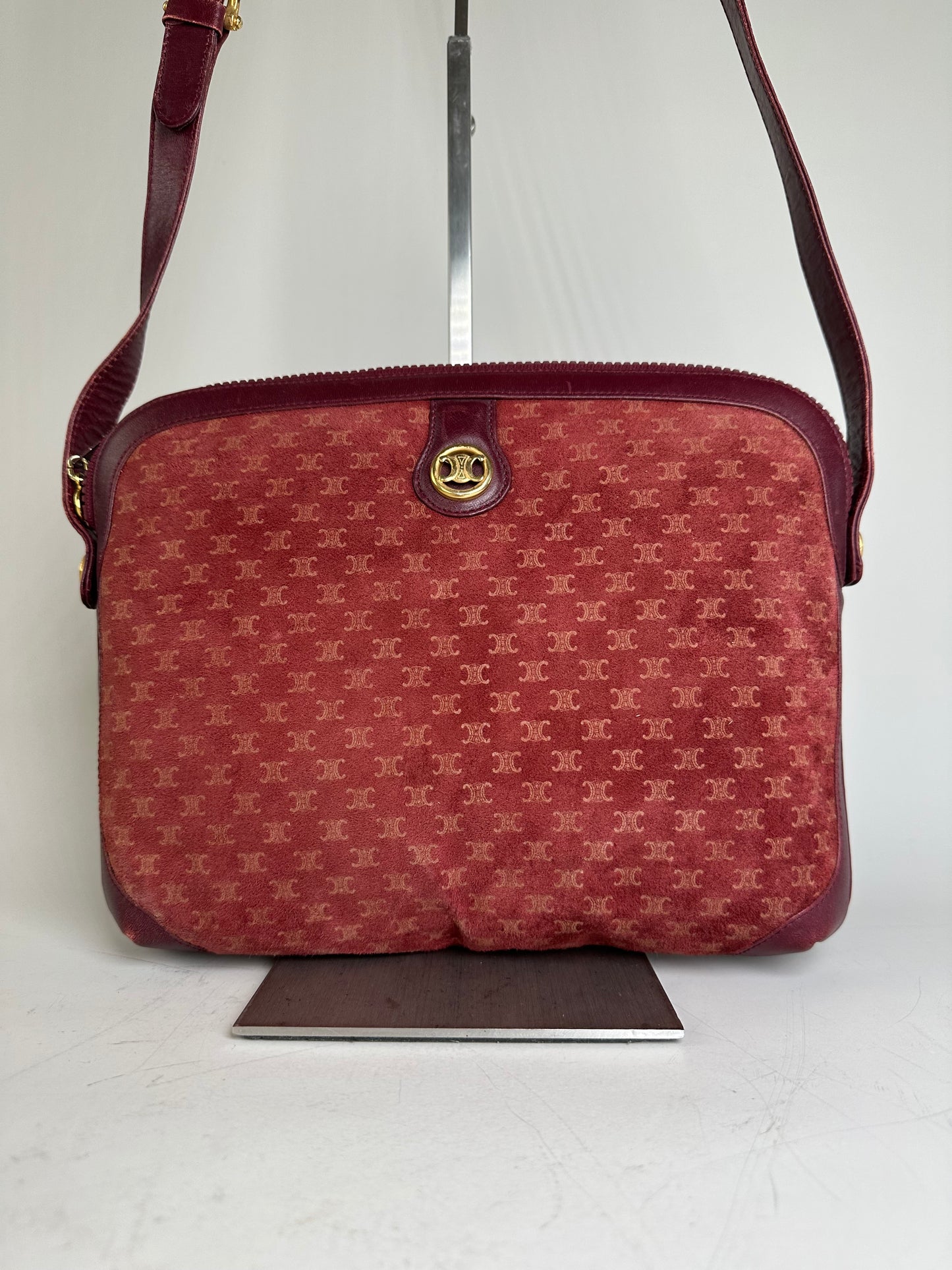 Vintage Celine Coated Canvas Shoulder Bag Burgundy Gold