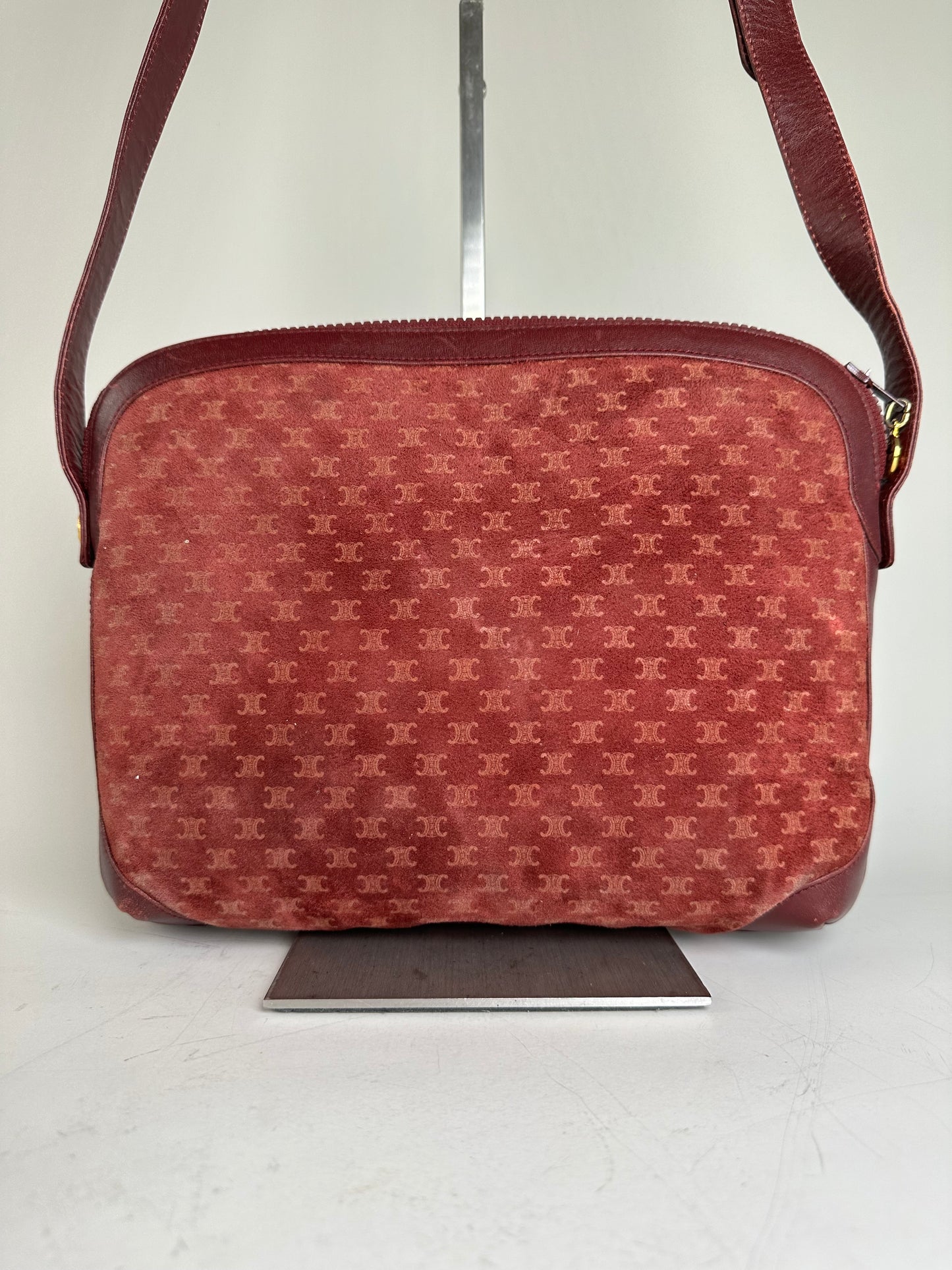 Vintage Celine Coated Canvas Shoulder Bag Burgundy Gold