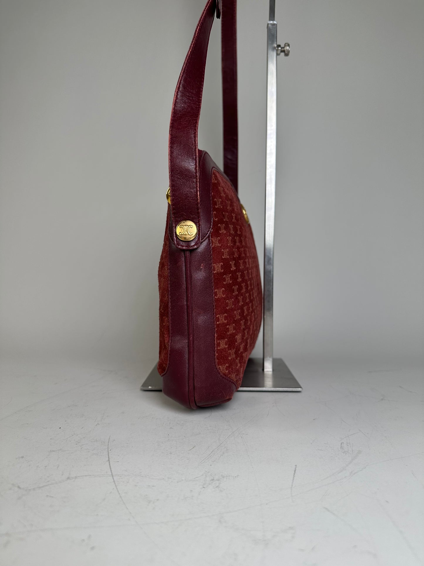 Vintage Celine Coated Canvas Shoulder Bag Burgundy Gold