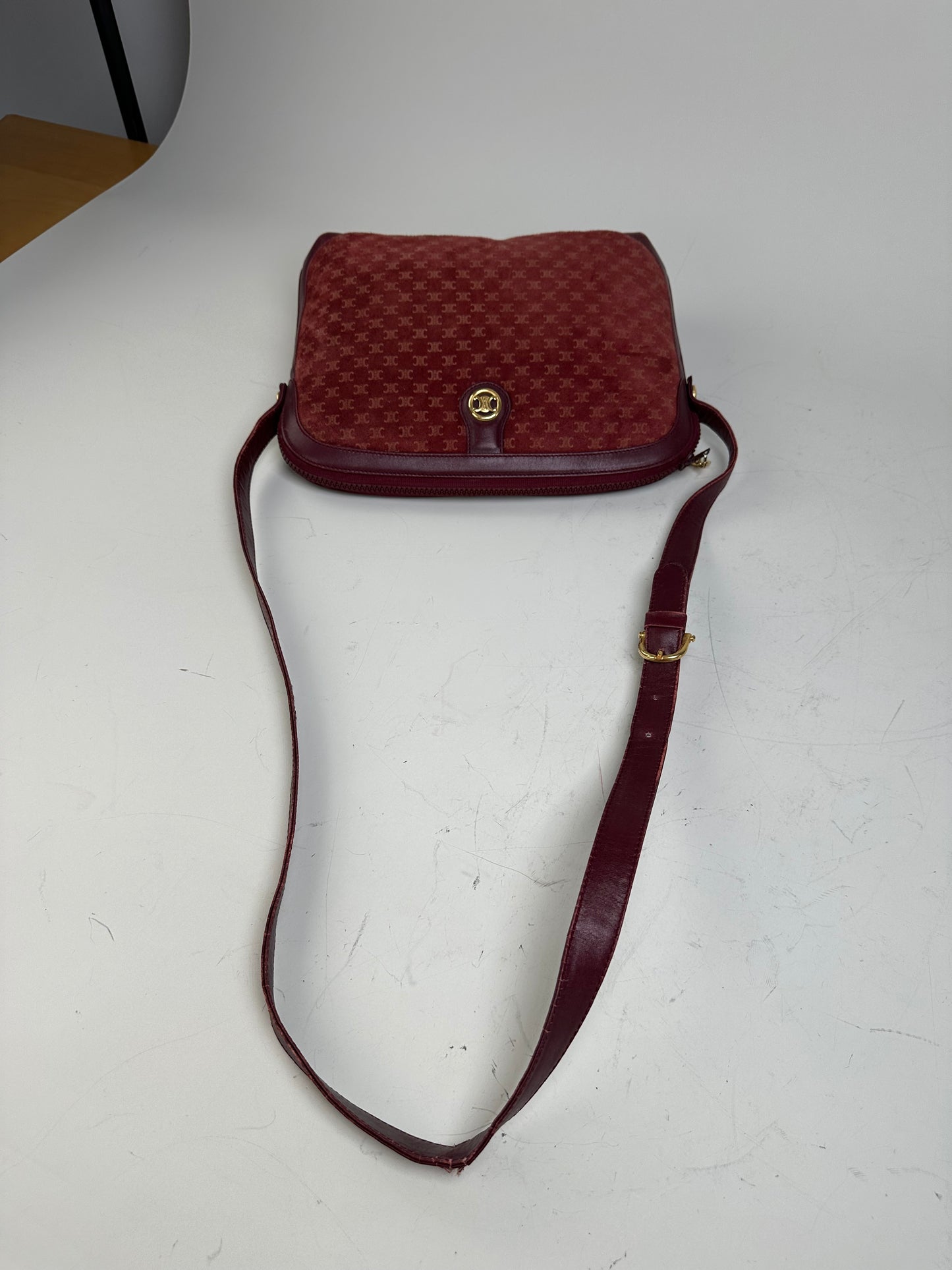 Vintage Celine Coated Canvas Shoulder Bag Burgundy Gold