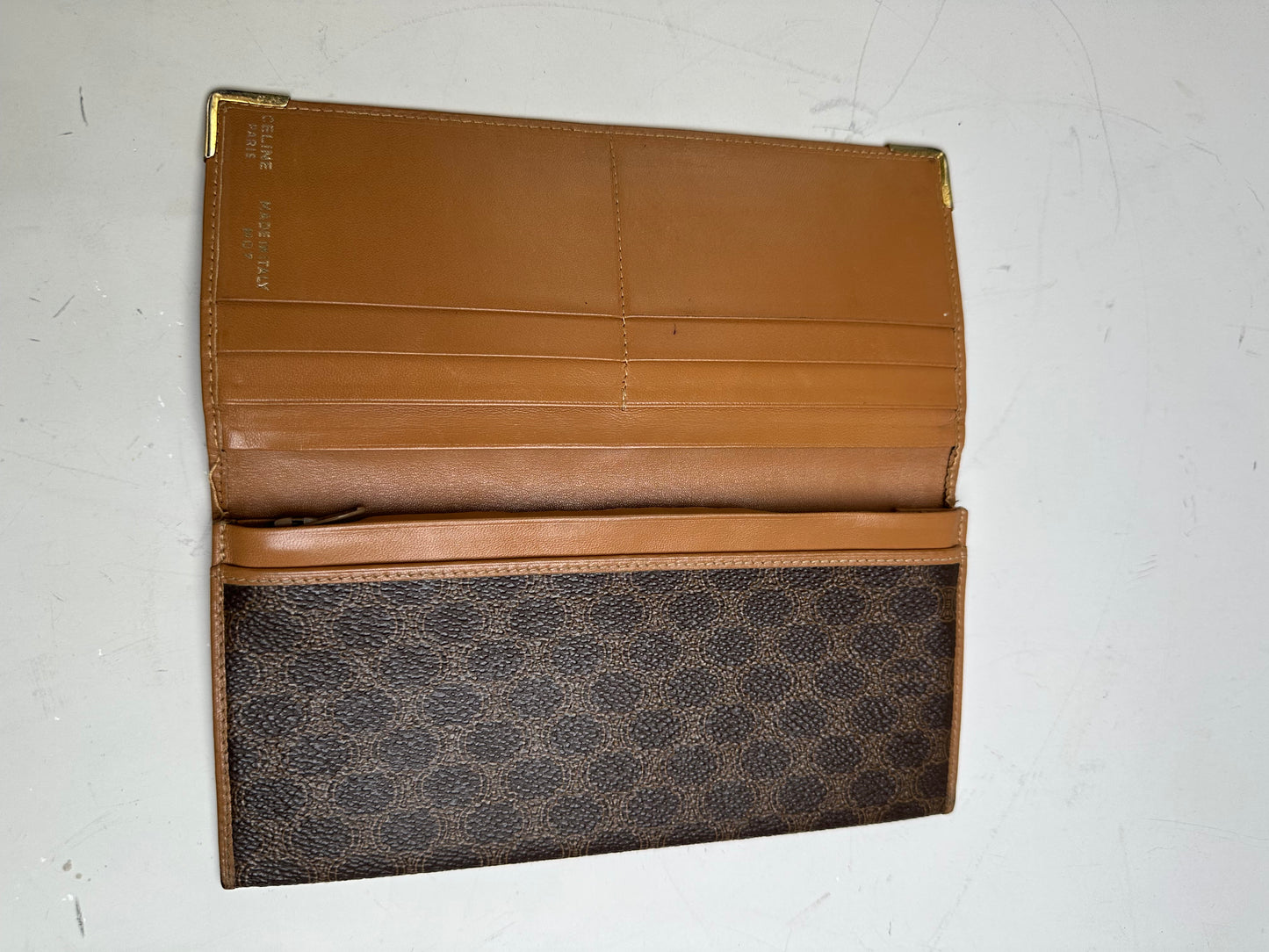 Vintage Celine Logo Pattern Leather Wallet Brown Gold