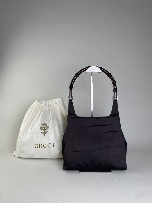 Vintage Gucci Satin Bamboo Handle Shoulder Bag Black Gold