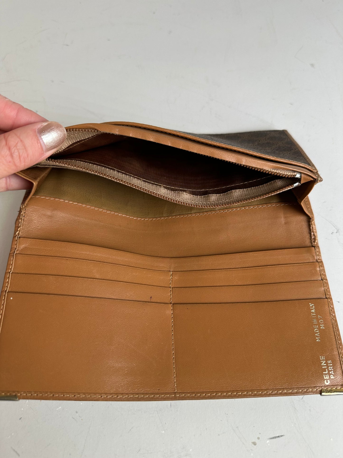 Vintage Celine Logo Pattern Leather Wallet Brown Gold