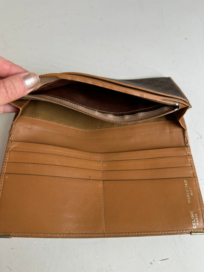 Vintage Celine Logo Pattern Leather Wallet Brown Gold