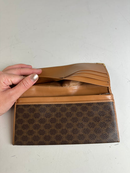 Vintage Celine Logo Pattern Leather Wallet Brown Gold