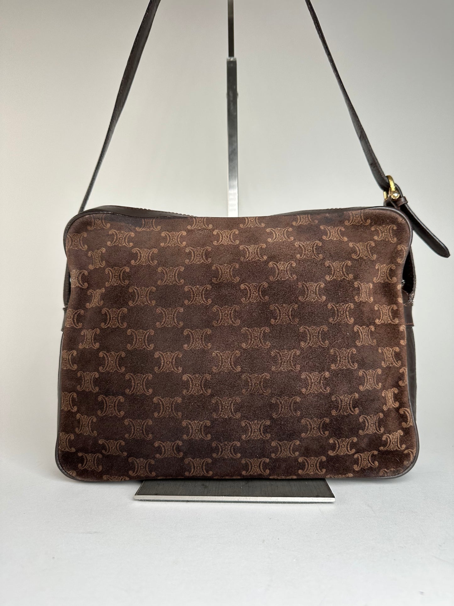 Vintage Celine Paris Triomphe Monogram Suede Shoulder Bag Brown