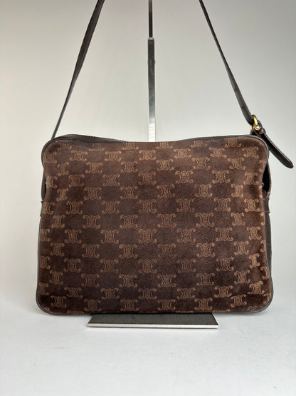 Vintage Celine Paris Triomphe Monogram Suede Shoulder Bag Brown