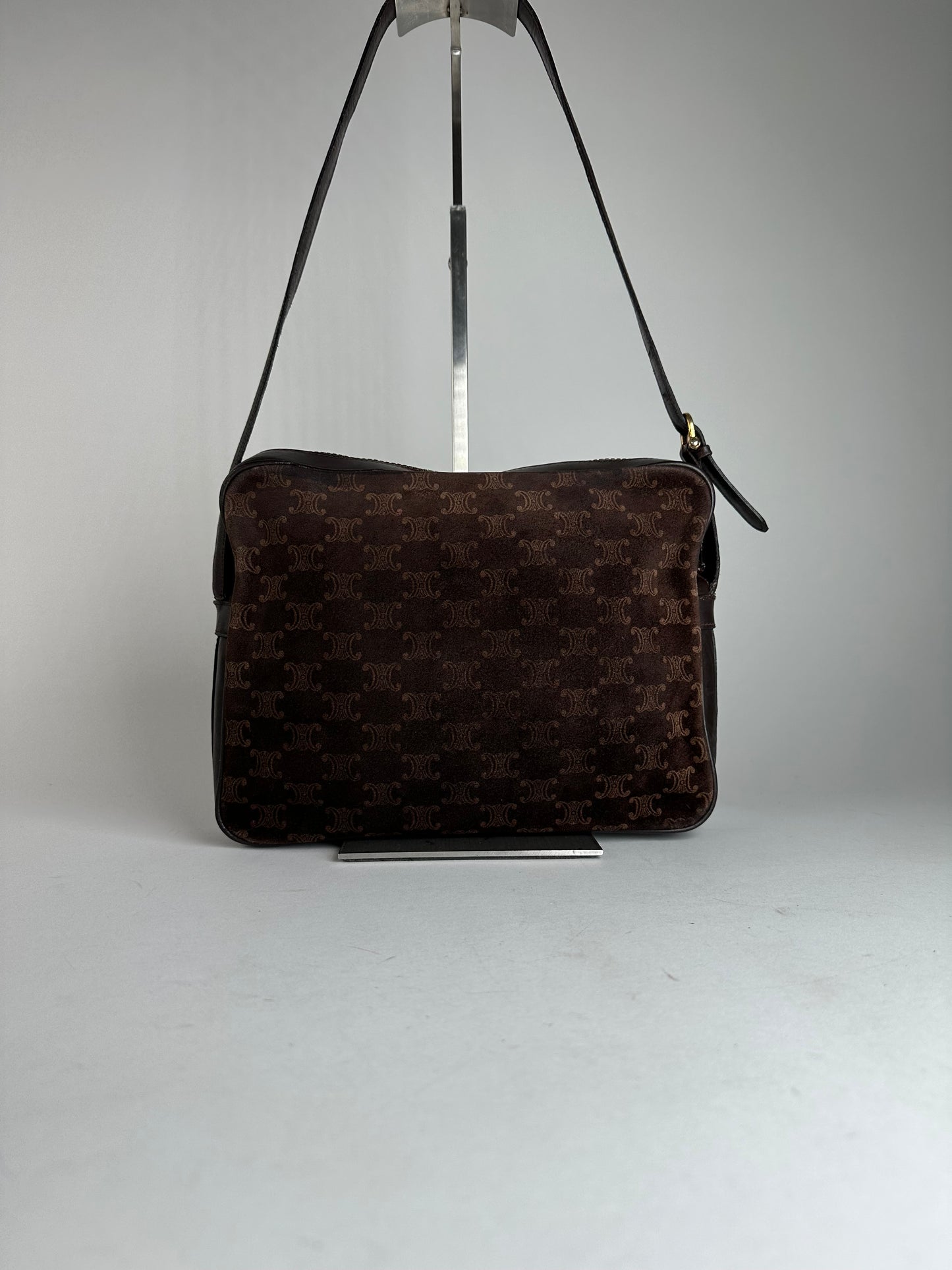Vintage Celine Paris Triomphe Monogram Suede Shoulder Bag Brown
