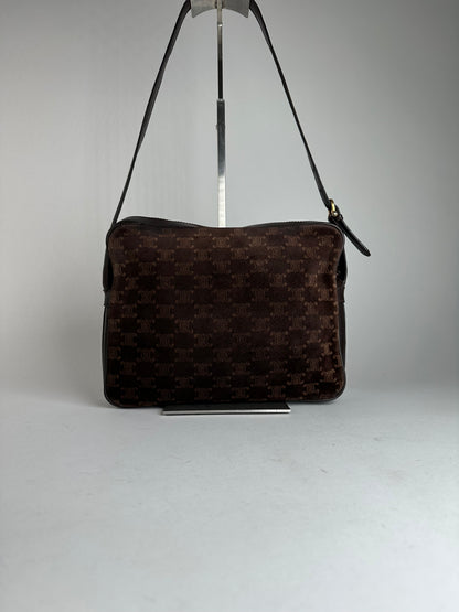 Vintage Celine Paris Triomphe Monogram Suede Shoulder Bag Brown