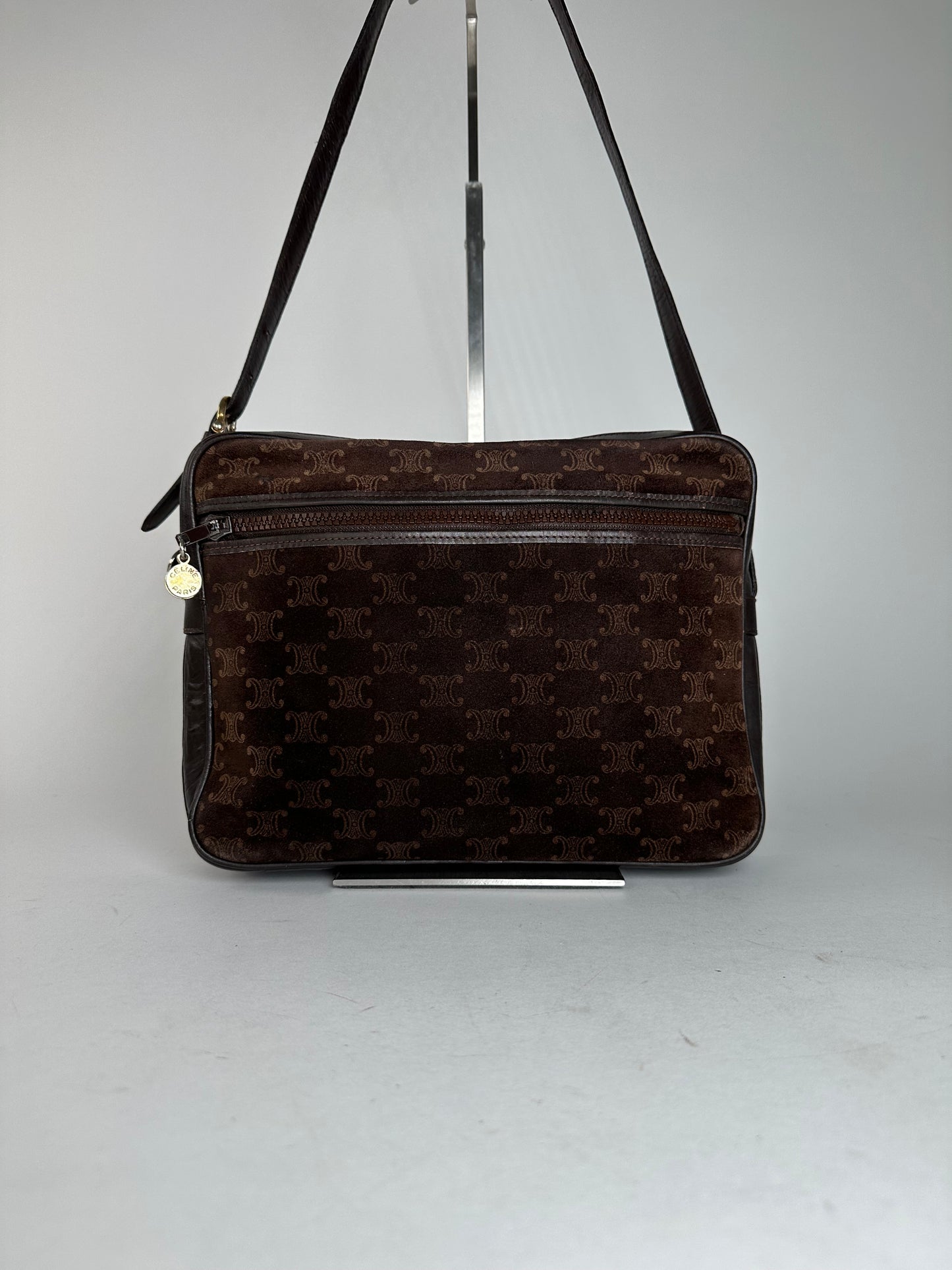 Vintage Celine Paris Triomphe Monogram Suede Shoulder Bag Brown