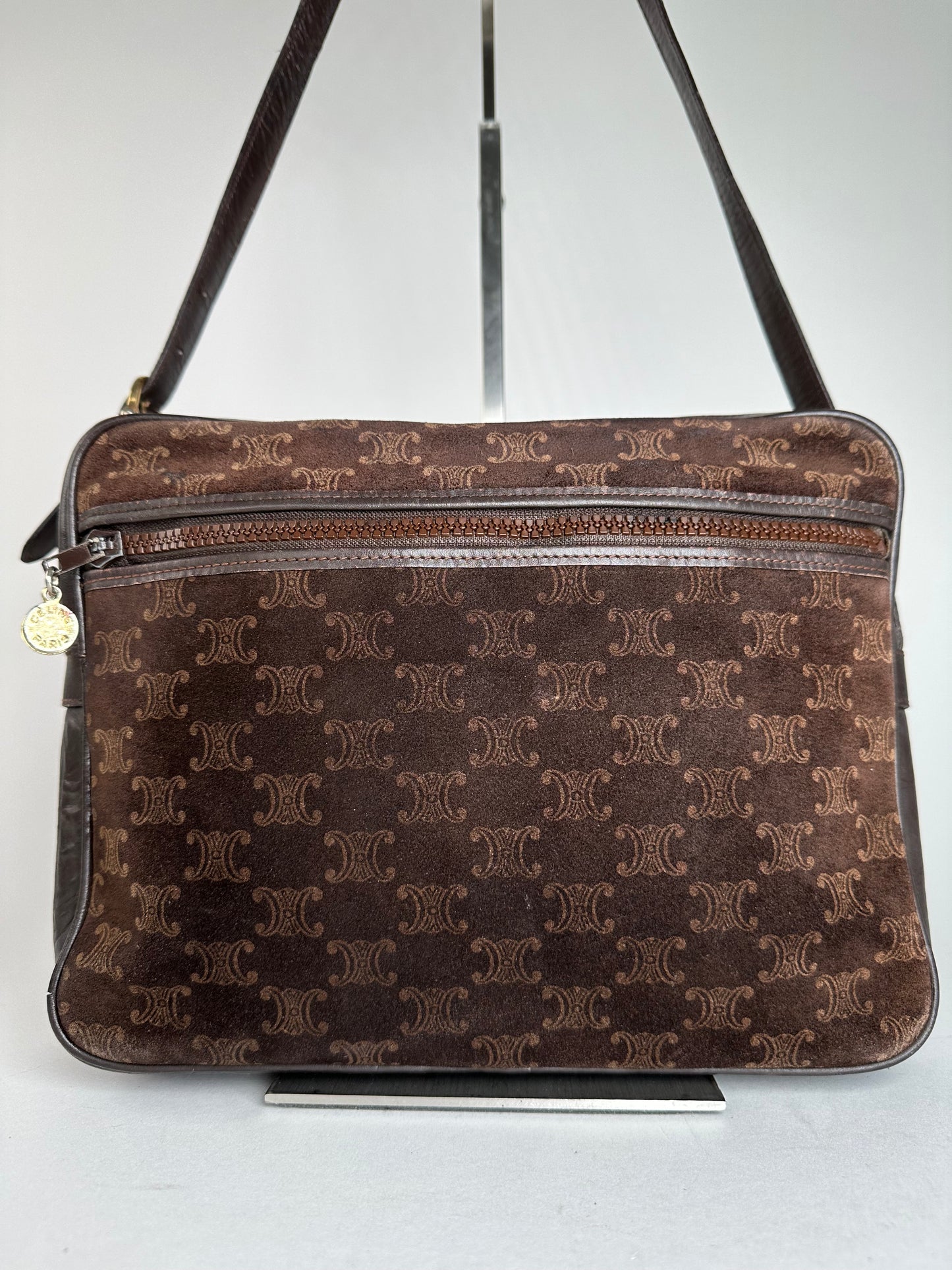 Vintage Celine Paris Triomphe Monogram Suede Shoulder Bag Brown