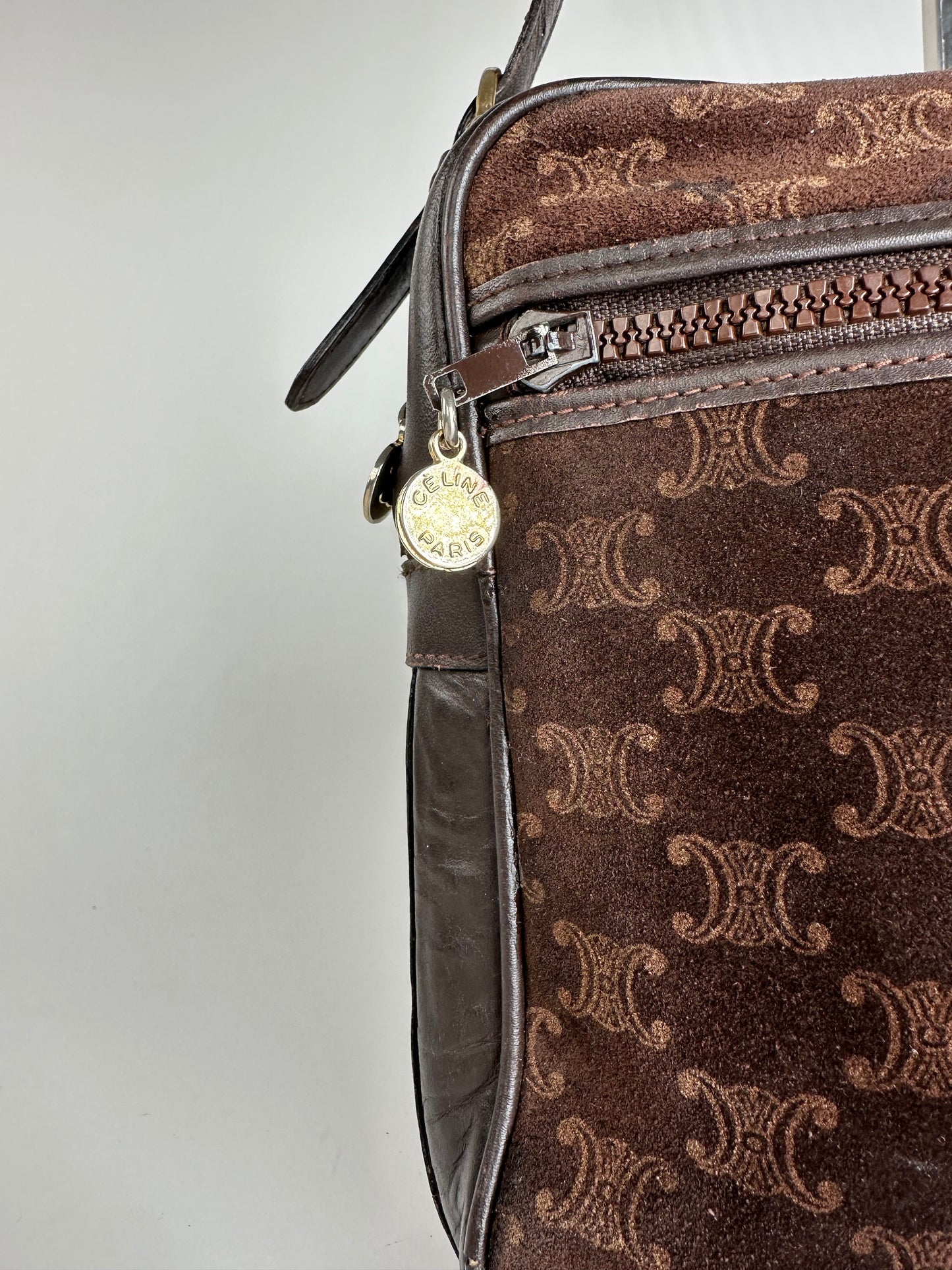 Vintage Celine Paris Triomphe Monogram Suede Shoulder Bag Brown