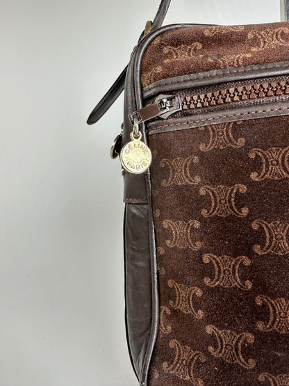 Vintage Celine Paris Triomphe Monogram Suede Shoulder Bag Brown