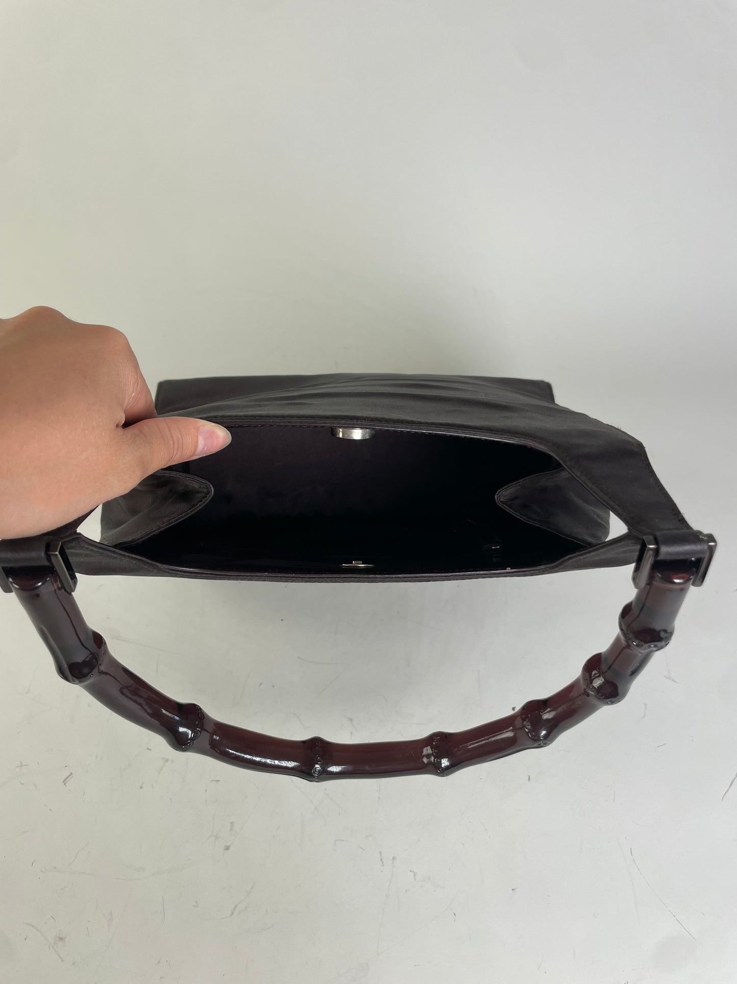 Vintage Gucci Satin Bamboo Handle Shoulder Bag Black Gold