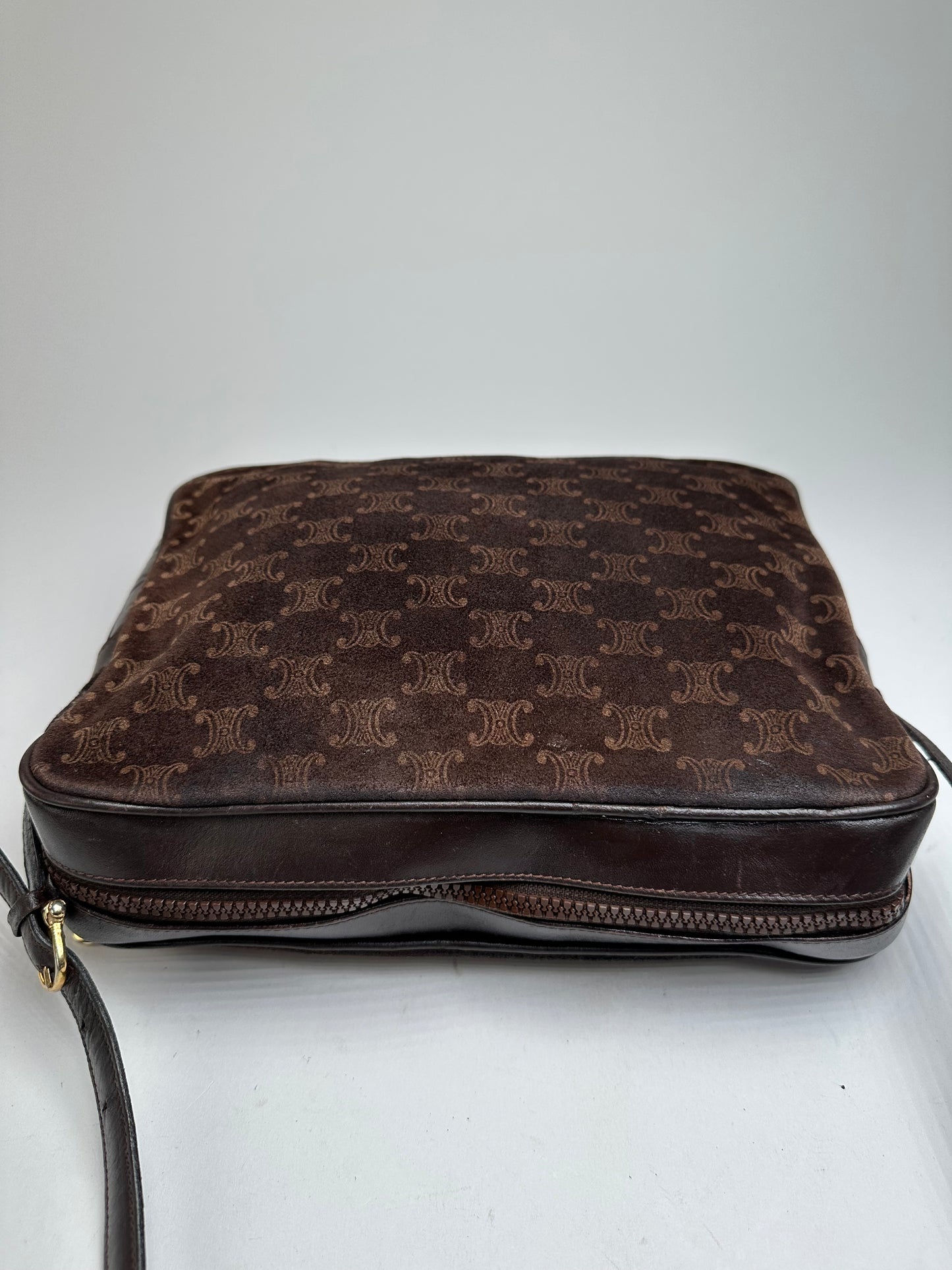 Vintage Celine Paris Triomphe Monogram Suede Shoulder Bag Brown