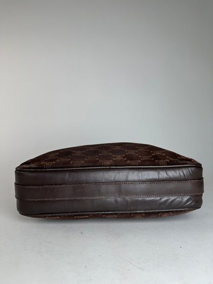 Vintage Celine Paris Triomphe Monogram Suede Shoulder Bag Brown