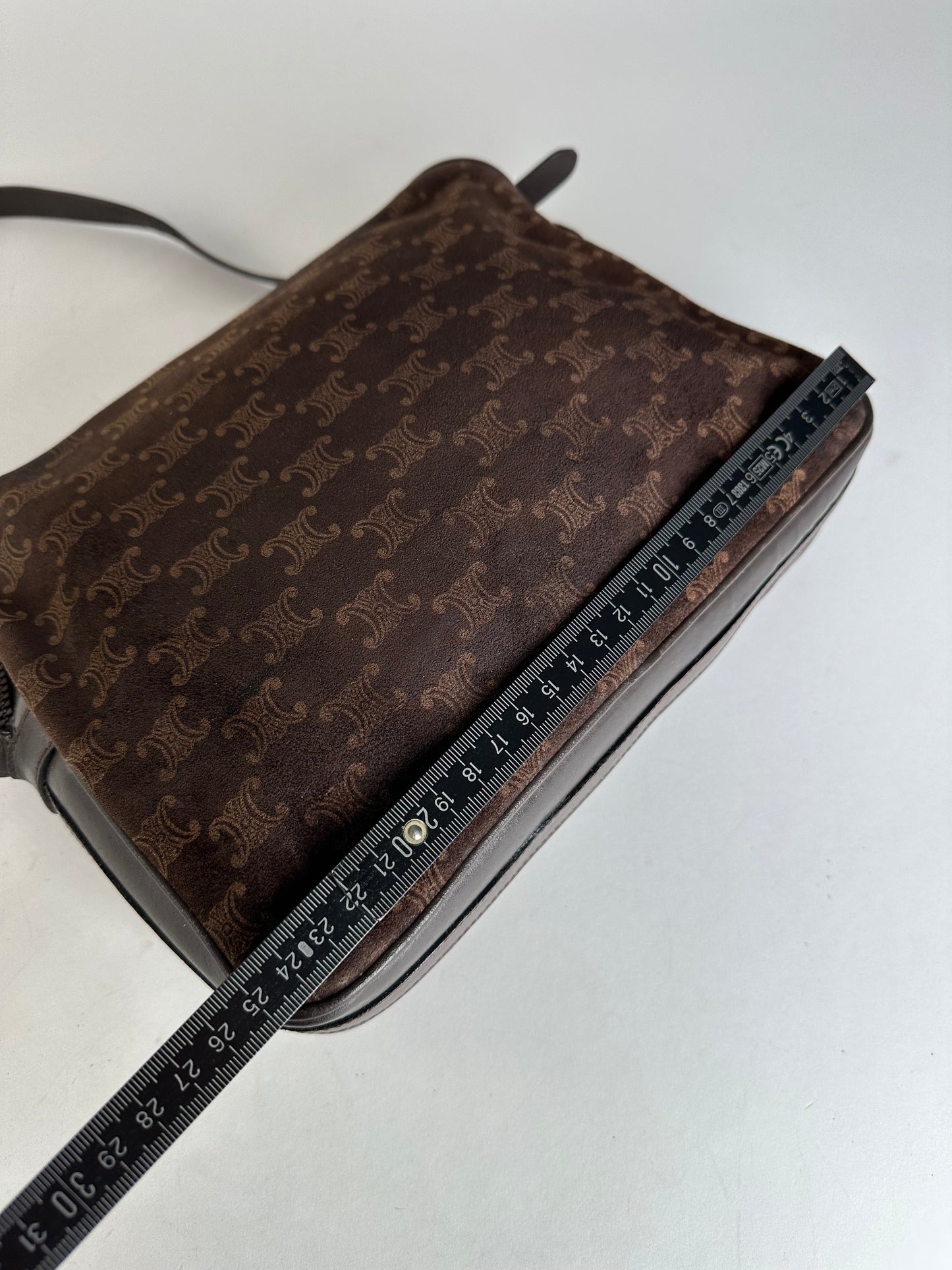 Vintage Celine Paris Triomphe Monogram Suede Shoulder Bag Brown