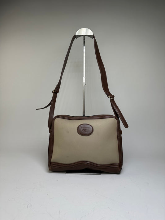 Vintage Burberry Canvas Shoulder Bag Beige Brown Gold
