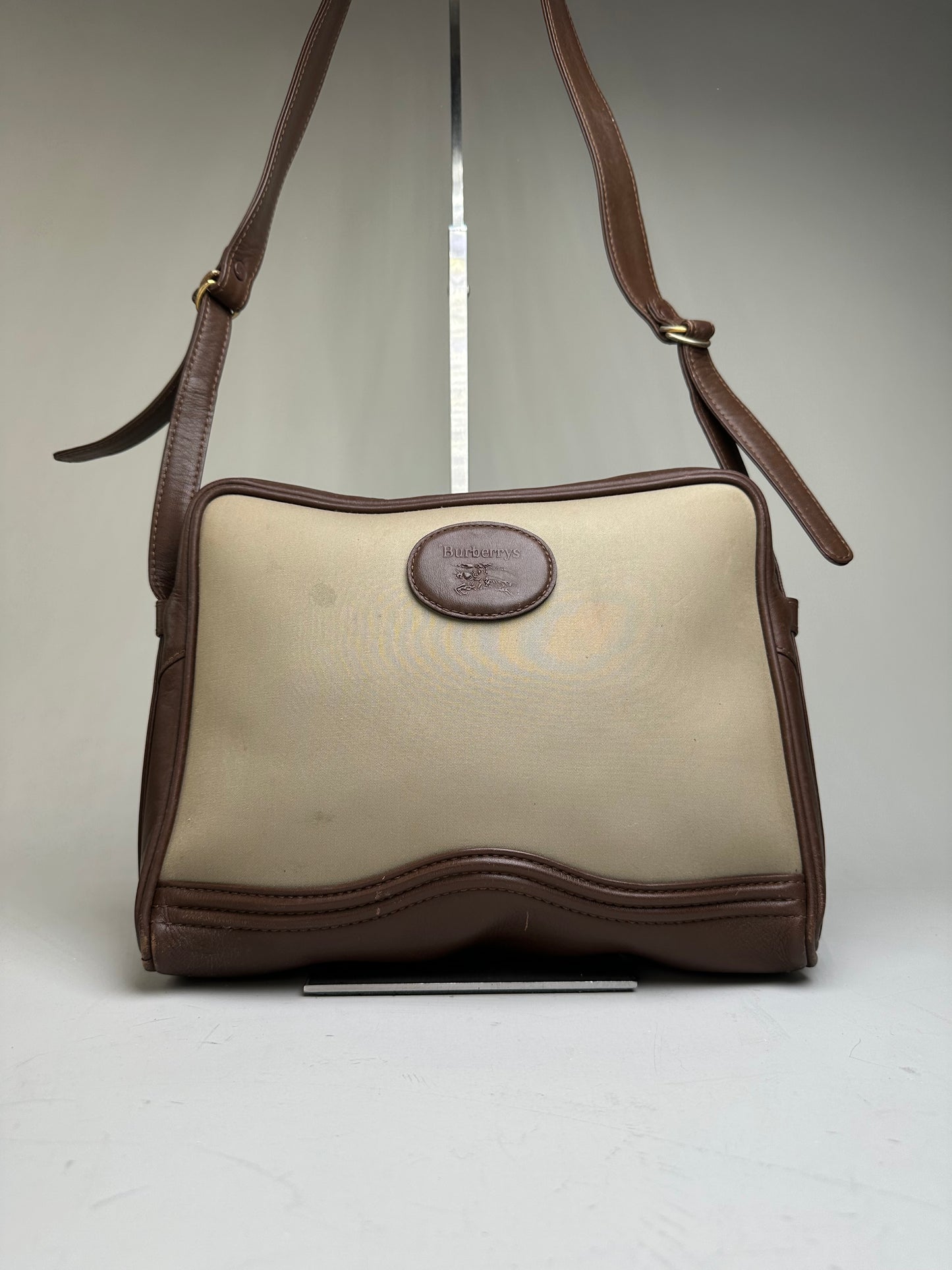 Vintage Burberry Canvas Shoulder Bag Beige Brown Gold