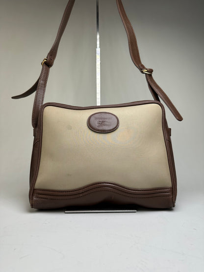Vintage Burberry Canvas Shoulder Bag Beige Brown Gold