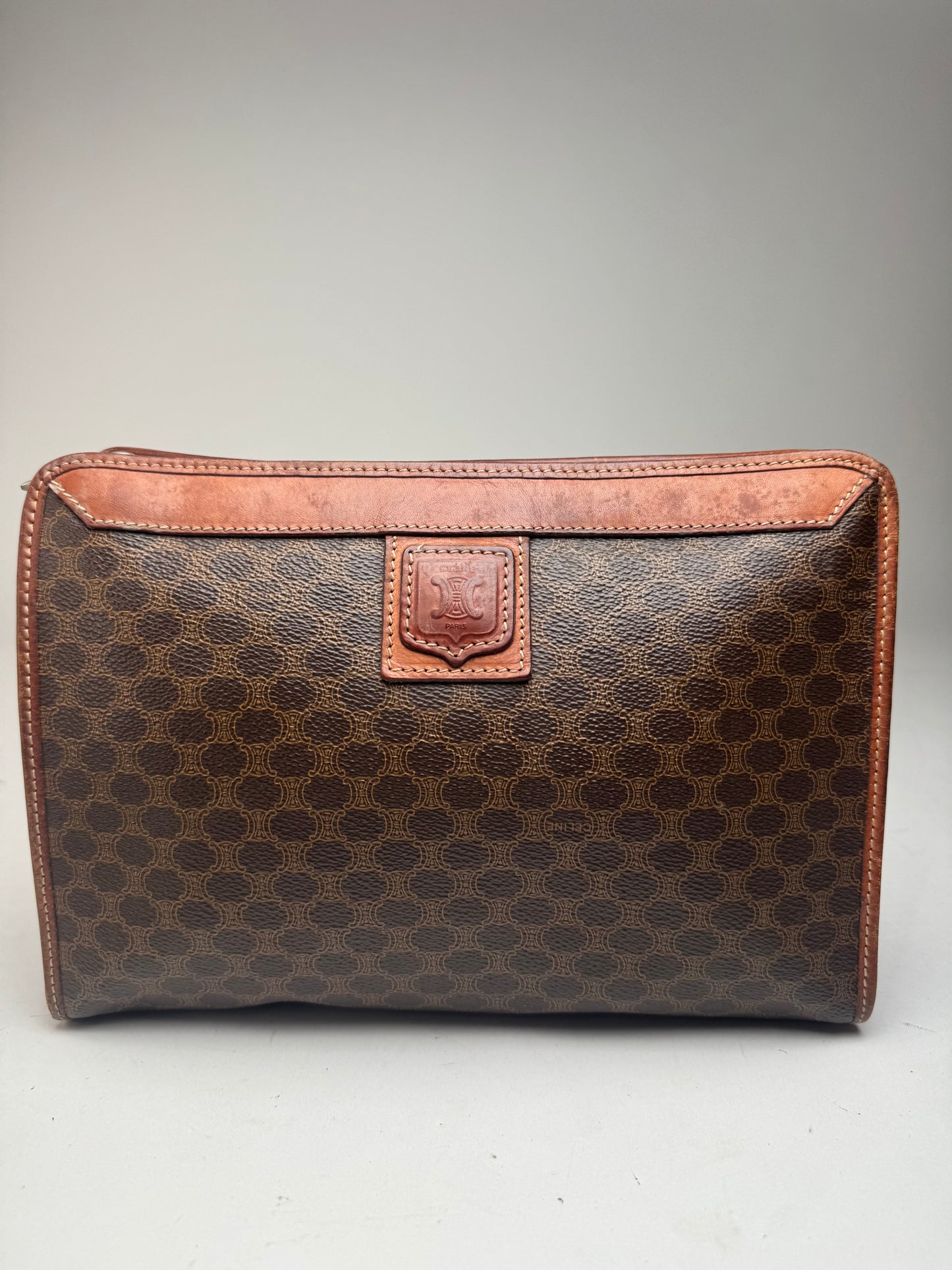Vintage Celine Triomphe Monogram Leather Clutch Brown