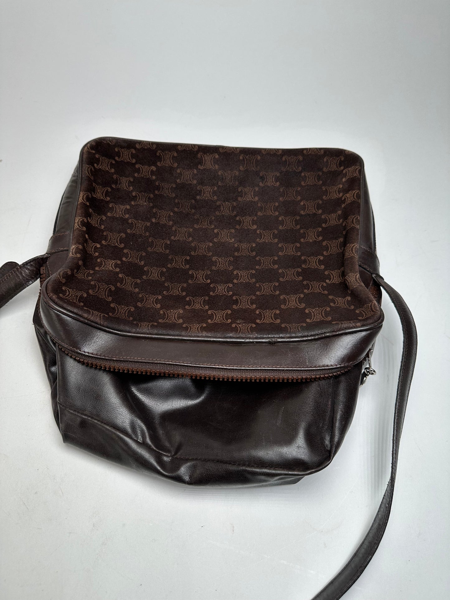 Vintage Celine Paris Triomphe Monogram Suede Shoulder Bag Brown