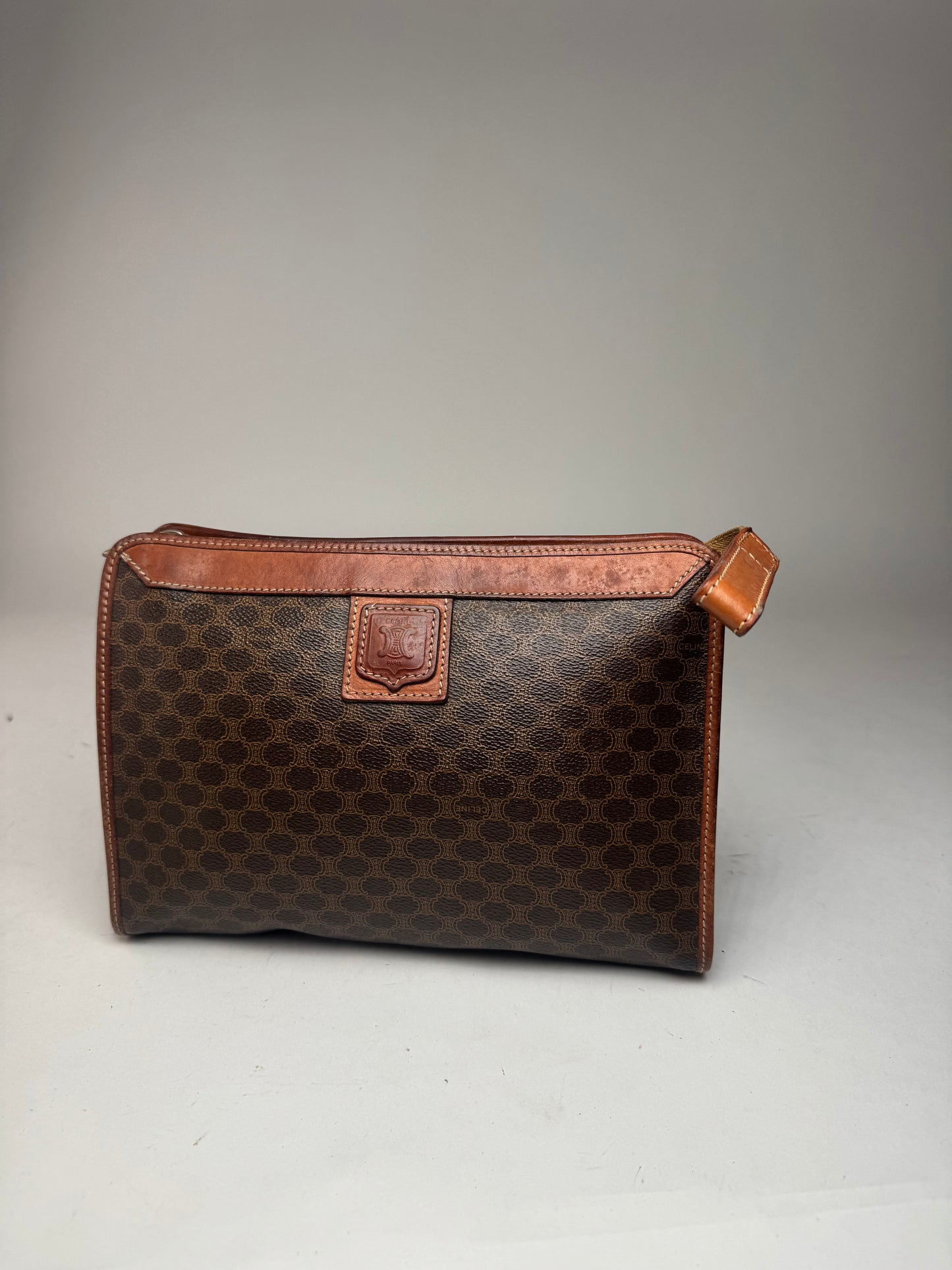 Vintage Celine Triomphe Monogram Leather Clutch Brown