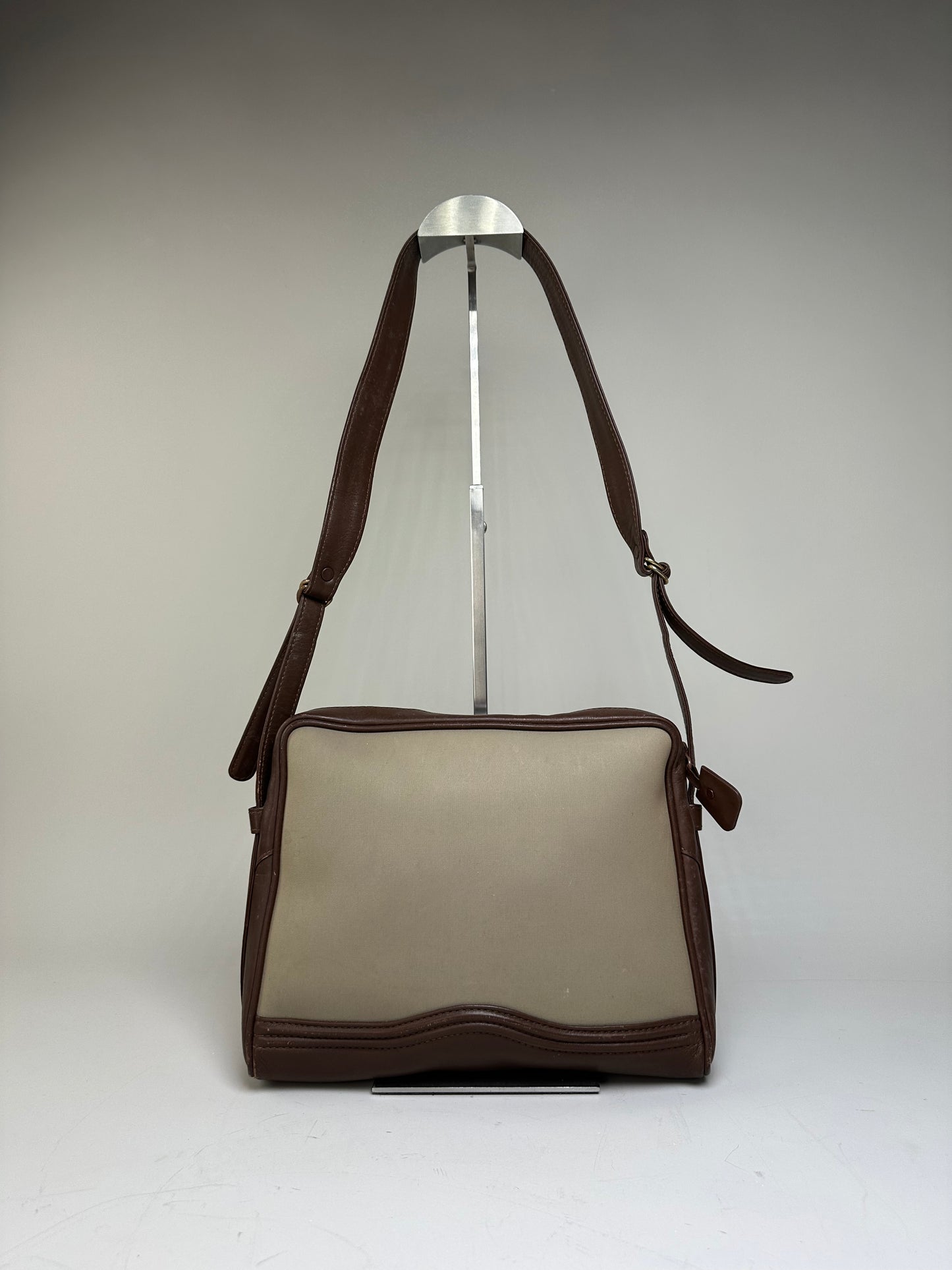 Vintage Burberry Canvas Shoulder Bag Beige Brown Gold